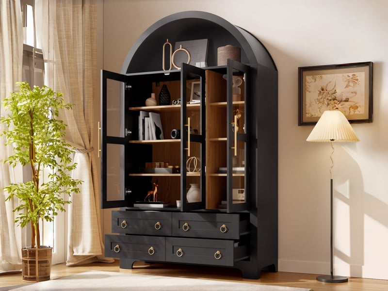  Vitrine style vintage à arche, 110 x 40 x 185 cm, avec 3 portes, 4 tiroirs et une niche ouverte en forme d'arche, coloris noir  - Conforama B