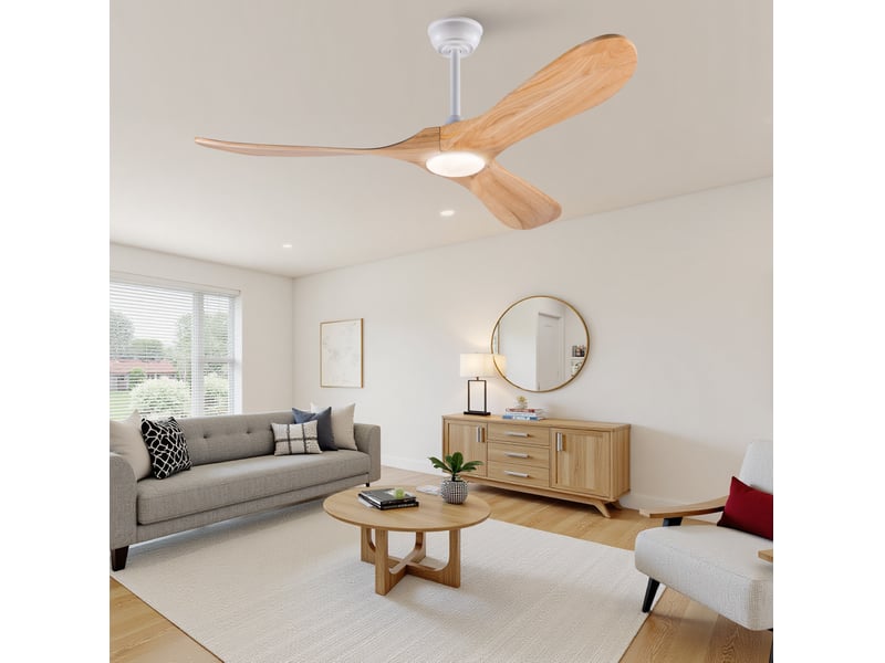  Ventilateur de plafond 52 pouces avec éclairage led dimmable, télécommande, 6 vitesses, bois clair et blanc  - Conforama E
