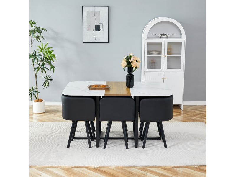  Ensemble table et 6 chaises, table à manger 6 places en mélamine blanc et bois, assises pu et structure métallique noire  - Conforama E