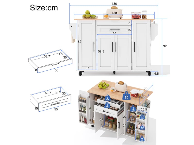 Desserte de cuisine mobile 136x70x92 cm blanche et naturelle avec plateau extensible - Conforama C