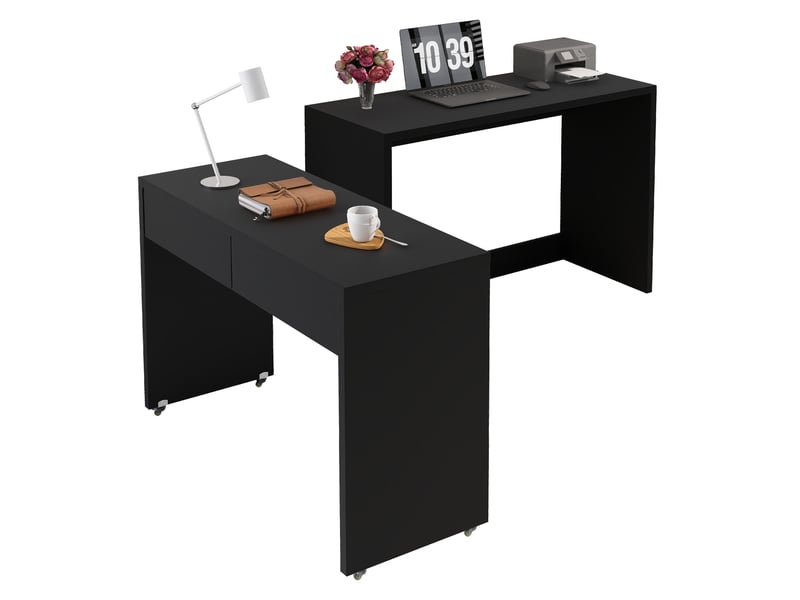  Bureau 2 en 1 avec tiroirs, bureau extensible noir sur roulettes pour petit espace, table de travail modulable 110x40x78 cm  - Conforama A