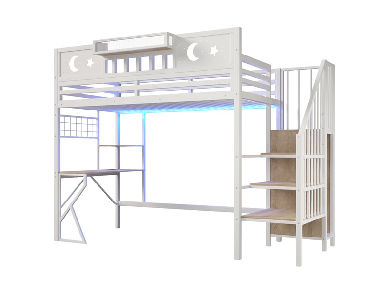  Lit mezzanine, 90 × 200 cm, blanc, mdf et métal, rangements, panneau perforé, bureau, garde-corps, échelle, escalier rangement  - Conforama A