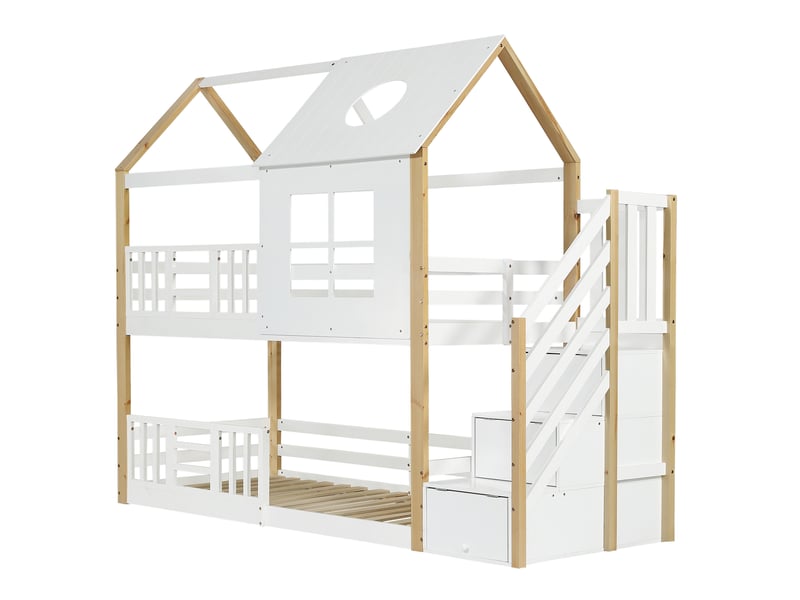 Lit superposé enfant 90x200 cm – blanc et naturel – escalier de rangement, toit et fenêtres – sans matelas - Conforama D