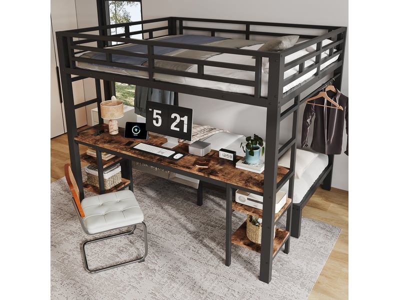  Lit superposé 3 places 140 × 200 cm et 90 × 200 cm avec bureau, penderie et usb, sans matelas, noir  - Conforama C