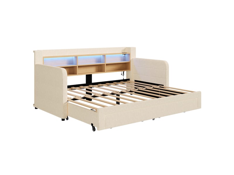  Lit gigogne, 90 x 200 cm, lit de repos avec bande led, tiroirs de rangement et multiples compartiments de rangement intégrés, lin, beige  - Conforama A
