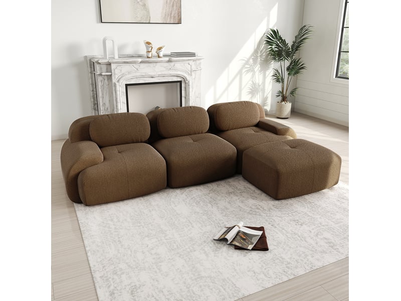 Canapé d'angle ulevr modulable 3 places sans montage, 298 x 178 cm, velours côtelé marron, mousse 32d - Conforama D