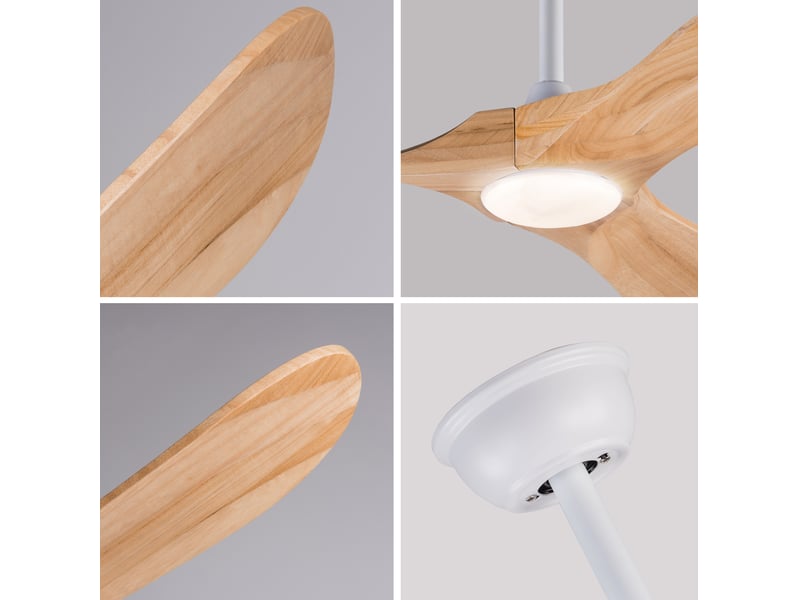 Ventilateur de plafond 52 pouces avec éclairage led dimmable, télécommande, 6 vitesses, bois clair et blanc - Conforama D