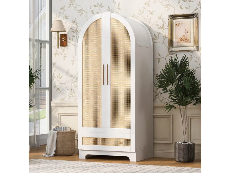 Armoire de chambre 2 portes en rotin 70 x 55 x 170 cm avec tiroir et étagères, design incurvé, meuble de rangement, blanc Sol Morn - Conforama B