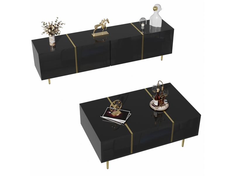  Ensemble meuble tv 170x35x46 cm et table basse 100x60x41,5 cm, 4 portes, 2 tiroirs, mdf, noir brillant  - Conforama A