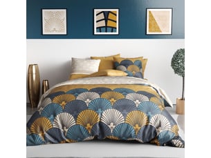Parure housse de couette 260x240cm + 2 taies motif rétro bleu et jaune 100% coton - mandy