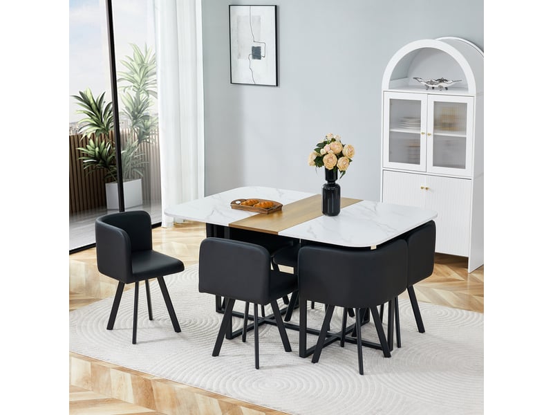  Ensemble table et chaises avec 1 table et 6 chaises  - gain de place - mdf, métal et pu - blanc et bois  - Conforama C