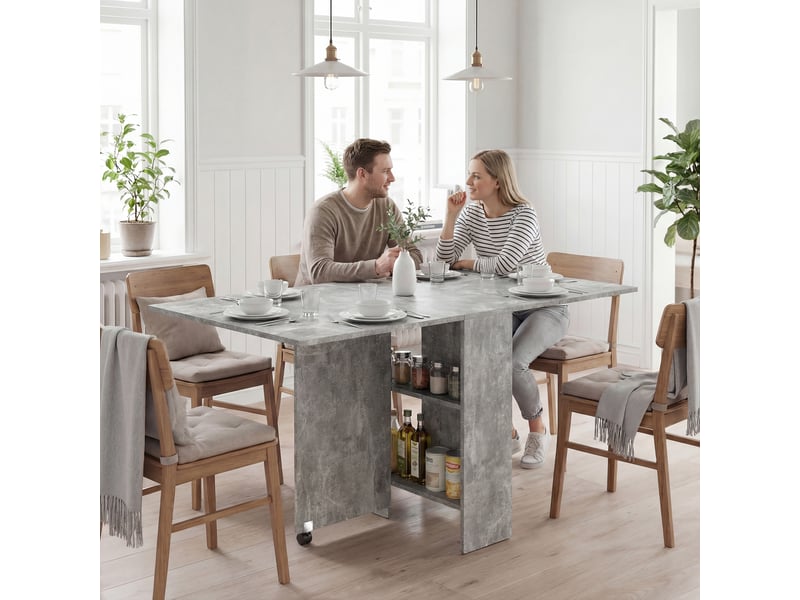  Table pliante en bois à roulettes pour 4 à 6 personnes, 75 x 140 x 74 cm, grise  - Conforama C
