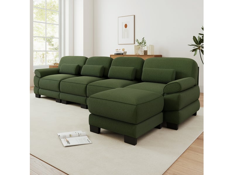 Canapé modulable en l 4 places 336x161x94 cm avec pouf, assise profonde, combinaison flexible, tissu côtelé vert  - Conforama B