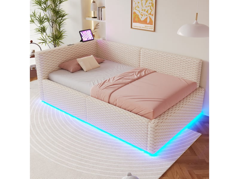  Modenvie lit coffre 90x200 cm - avec led, ports usb et usb-c, rangement hydraulique, sans matelas - beige  - Conforama B