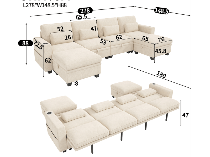Canapé modulable 6 places en ul 278x148,5 cm avec fonction couchage, 6 coffres, dossier 3 positions, usbusb-c, chenille gaufrée beige Morn Vibe - Conforama E