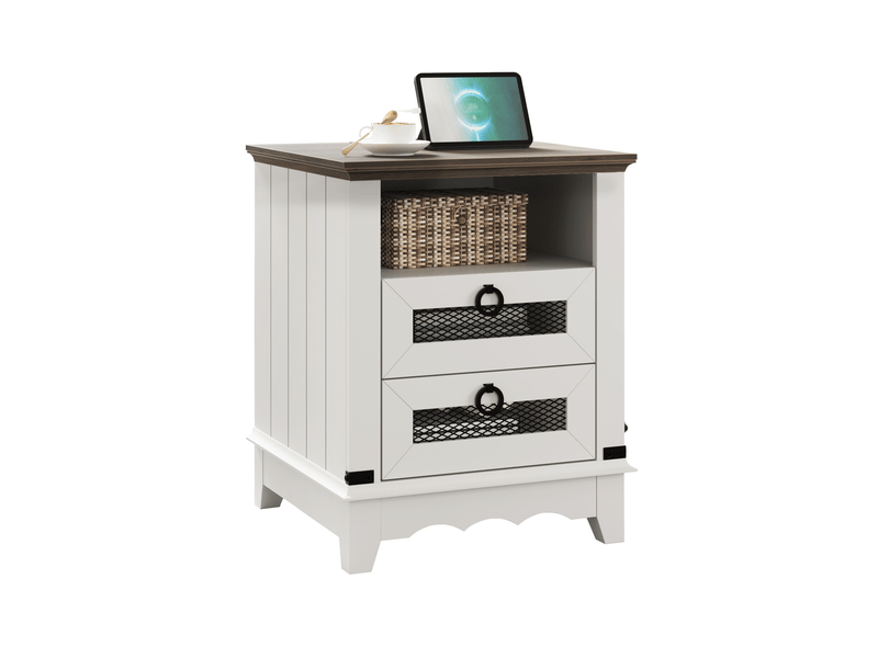  Table d'appoint farmhouse, station de recharge, 2 tiroirs, niche ouverte, 2 ports usb, 46 cm, salon bout canapé chevet, marron blanc PHO_0ZPH8GHH - Conforama A