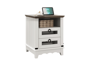 Table d'appoint farmhouse, station de recharge, 2 tiroirs, niche ouverte, 2 ports usb, 46 cm, salon bout canapé chevet, marron blanc