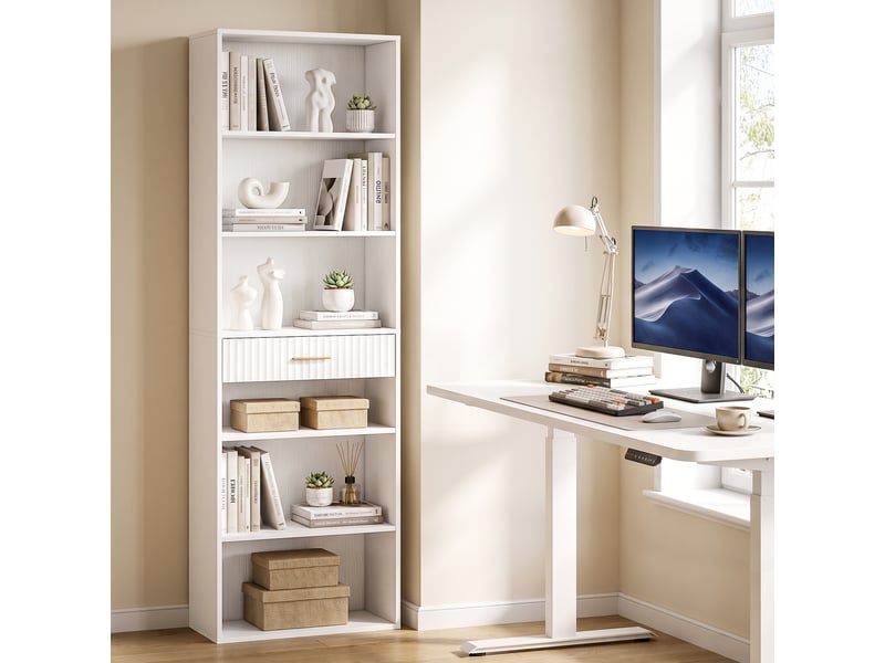  Bibliothèque design effet bois blanc tiroir cannelé poignée métal doré  - Conforama B