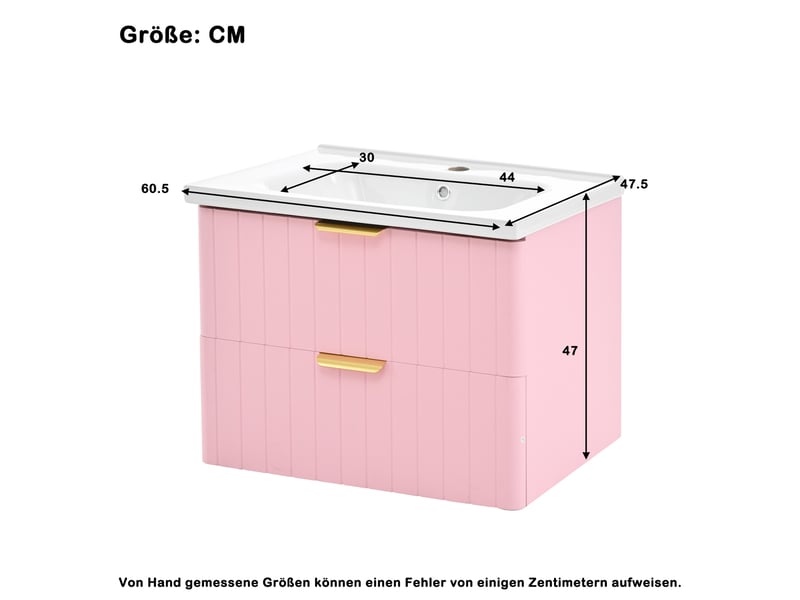  Meuble de salle de bain suspendu rose avec vasque. Meuble sous lavabo 60 cm avec rangement, structure mdf et céramique, rose et blanc.  - Conforama C