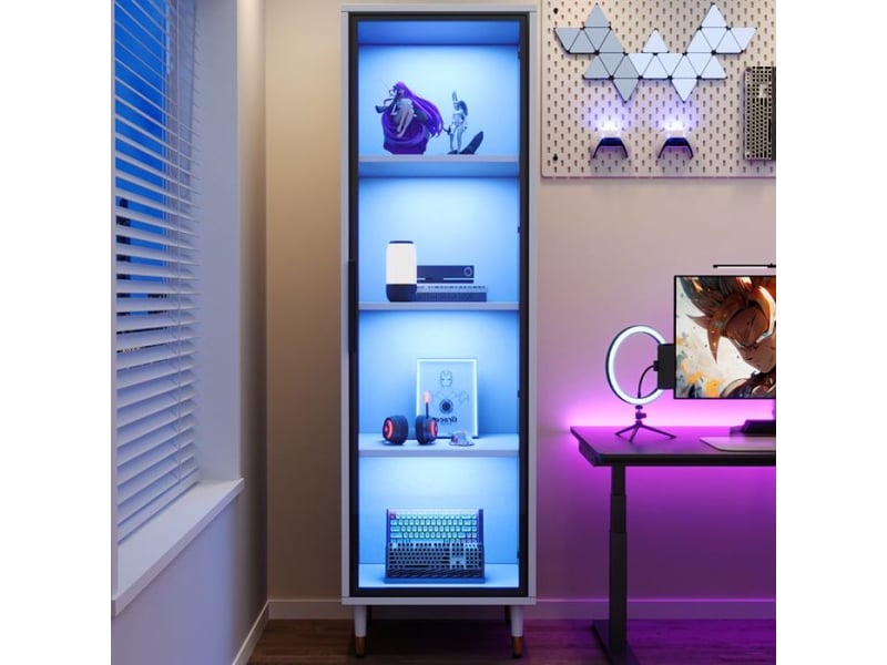 Vitrine décorative hauteur 170 cm, verre teinté, socle fermé et lumières led changeant de couleur - Conforama C