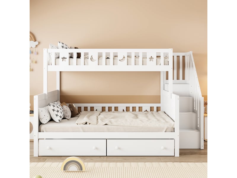  Lit superposé 90x200 140x200, lit superposé bois massif, lit superposé avec escalier et tiroirs, lit enfant blanc avec sommier.  - Conforama B
