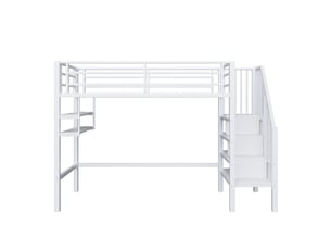 Lit mezzanine blanc 90x200 cm avec étagères, échelle rangement et garde-corps