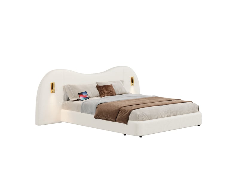  Lit coffre 2 places 180x200 cm en tissu bouclette blanc avec lampes de lecture et port usb, sans matelas  - Conforama A
