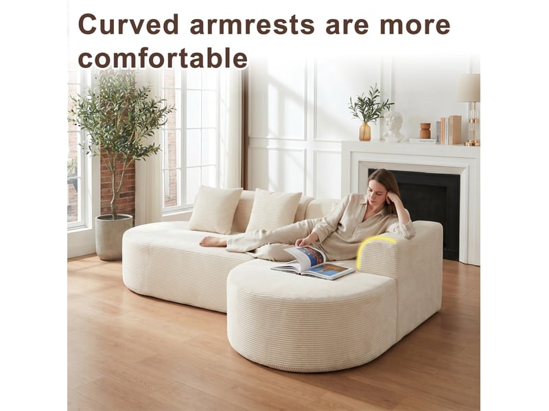  Canapé d'angle en l à méridienne incurvée avec 3 coussins en velours côtelé beige, 220 × 155 × 70 cm  - Conforama E
