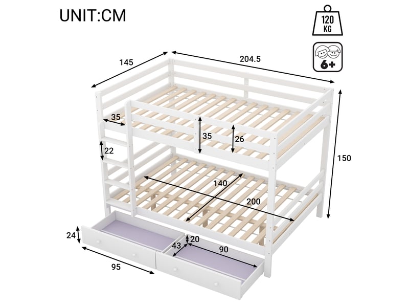  Lit superposé 140x200 en bois massif blanc, lit enfant avec tiroirs et barrières de sécurité, gain de place pour chambre  - Conforama C