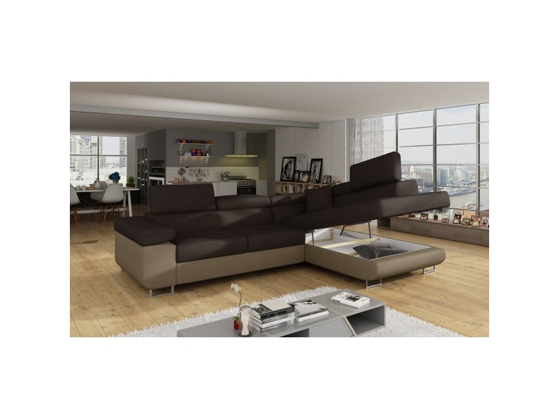  Canapé d'angle convertible menton marron chocolat et beige – angle droit avec coffre  - Conforama B
