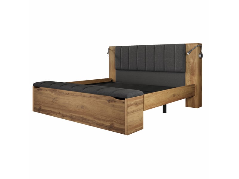  Lit double 160 x 200 cm en bois clair avec tête de lit rabattable, lampes usb et matelas  - Conforama D
