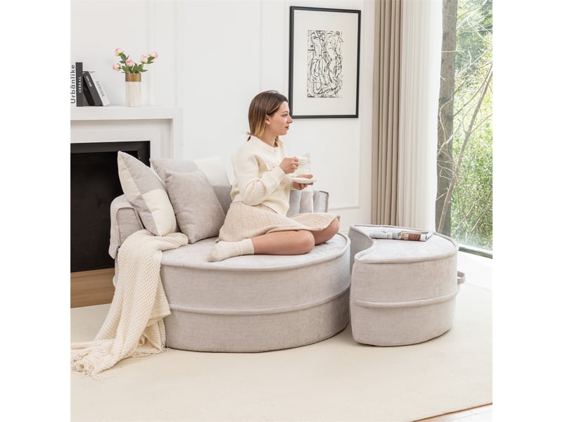  Canapé rond avec 5 coussins et repose-pieds - 163x121x66cm - fauteuil lounge en chenille sans structure de mousse - gris  - Conforama D