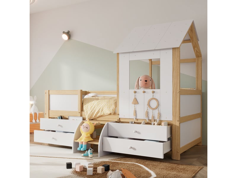 Lit cabane enfant 90x200 cm en pin blanc et naturel avec rangements et échelle - Conforama R