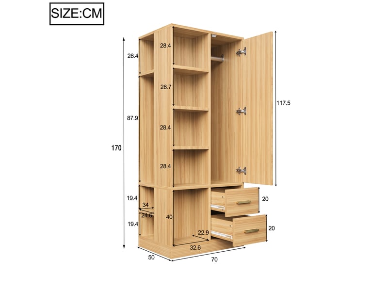 Armoire tcqpz 70 x 50 x 170 cm une porte avec plusieurs étagères, deux barres de penderie et deux tiroirs, bois - Conforama C