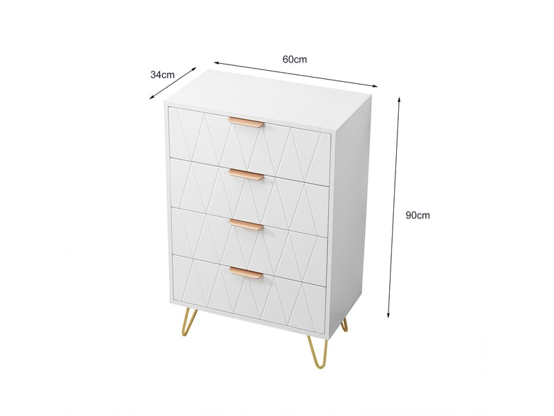  Commode 4 tiroirs - 60x34x90cm - motif géométrique 3d, style italien, pieds épingles dorés et anti-bascule - blanc  - Conforama E