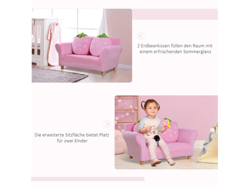  Canapé enfant 2 places 90 x 53 x 48 cm – rose – coussins fraise et assise rembourrée pour chambre  - Conforama E