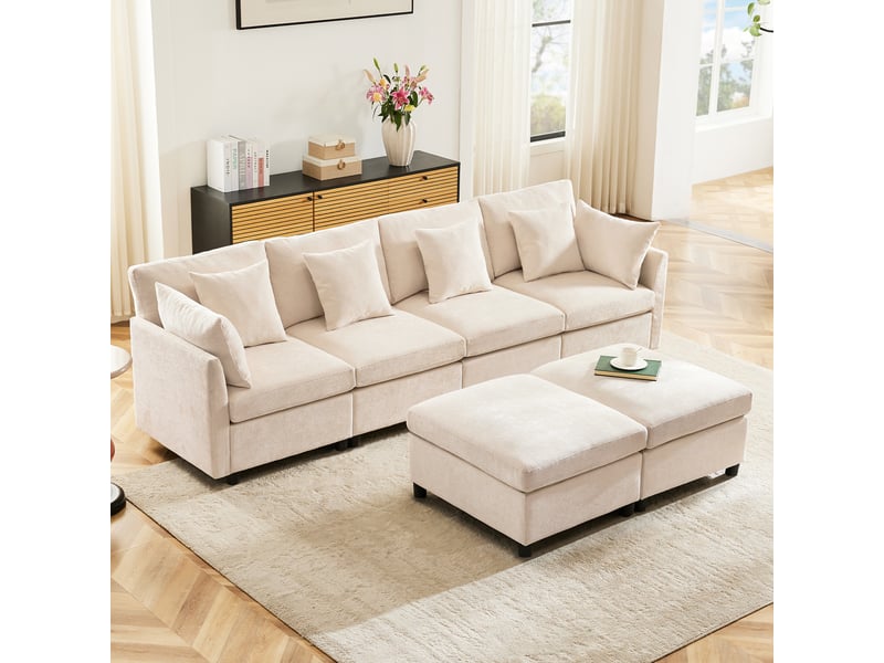 Canapé modulable 4 à 6 places 278x161x81 cm, configurable en u ou l, avec 2 poufs mobiles, 6 coussins, assise profonde, tissu chenille,beige - Conforama C