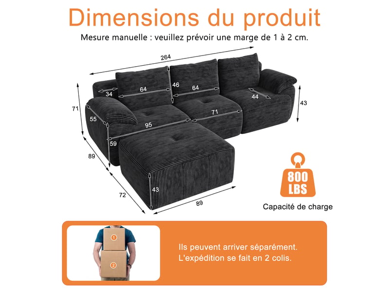  Canapé d'angle modulable - 264x161x71cm - canapé 3 places en velours côtelé, sans assemblage - gris foncé  - Conforama E