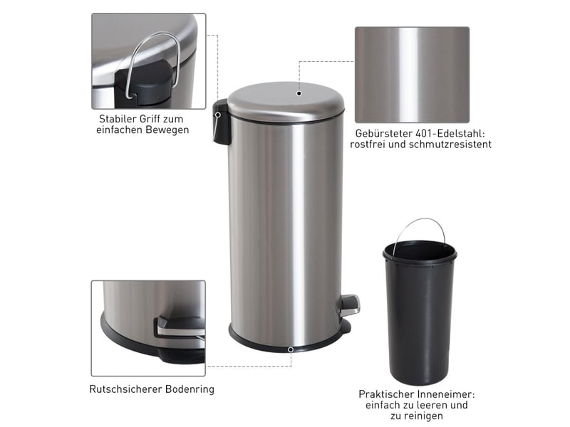 Poubelle à pédale 30 l ø29,2 x h62,9 cm – argent – couvercle à fermeture douce et seau intérieur amovible - Conforama E