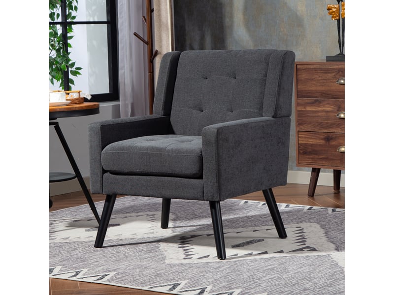  Fauteuil gris foncé en daim capitonné, style milieu du siècle, mousse haute densité, pieds bois massif, salonchambrebureau  - Conforama C