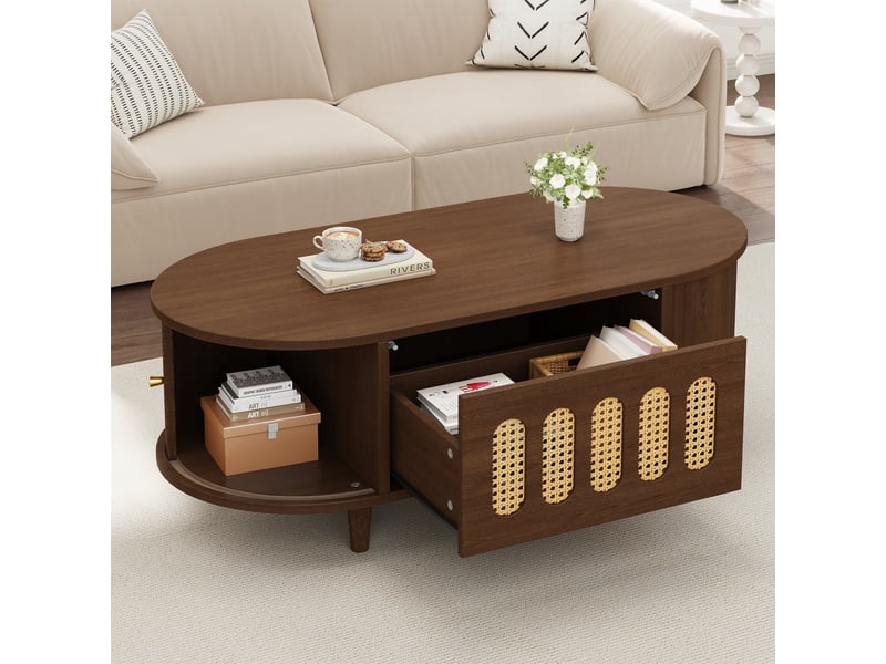  Table basse à bords arrondis 100 x 50 x 40 cm, 1 tiroir à pression, 2 portes à rideau, façade à cannage, mdf et pieds en bois massif, décor noyer Luxe haut de gamme - Conforama E
