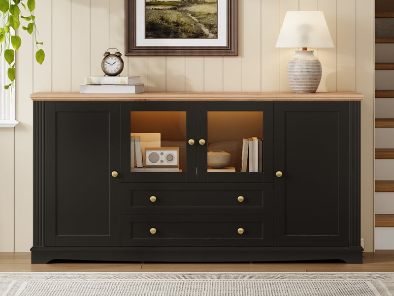  Commode à 4 portes et 2 tiroirs, 160 x 40 x 80,5 cm, caisson mdf avec façades en verre, poignées métalliques et led, noir  - Conforama B