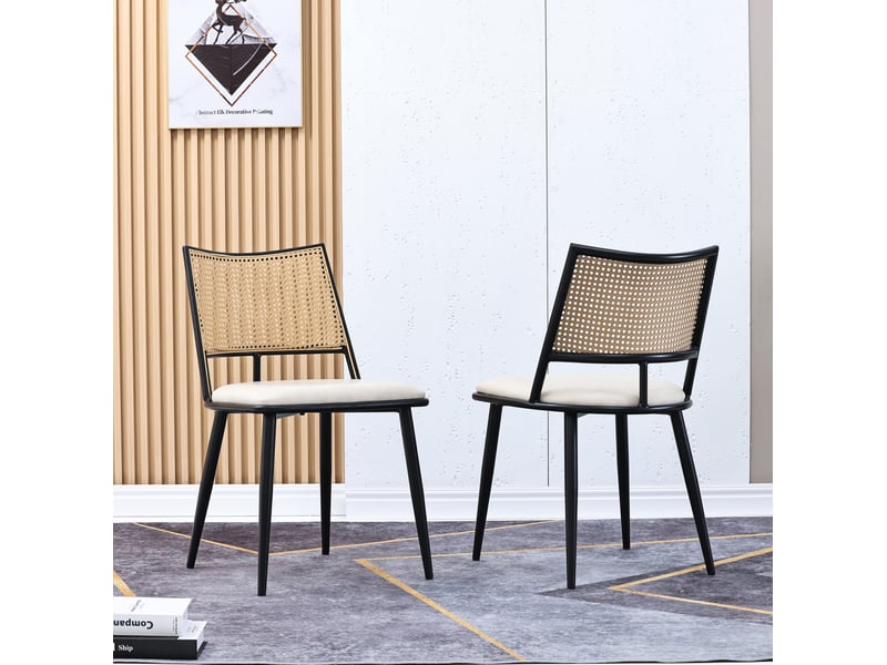  Lot de 4 chaises 50x48x80 cm, dossier en rotin ajouré, structure métallique, noir beige, pu, assise ergonomique, pour salle à manger  - Conforama D