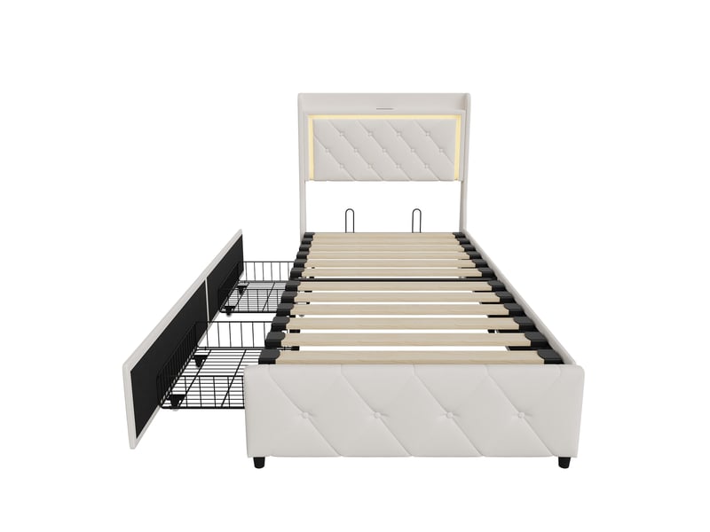  Lit simple 90x200 cm avec éclairage led et usb, lit enfant avec 2 tiroirs, tete de lit rembourré avec espace de rangement, sommier à lattes, beige  - Conforama W