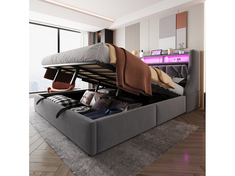 Lit double 180 × 200 cm avec rangement hydraulique, tête de lit rabattable, led et prises intégrées, chambre, gris  - Conforama B