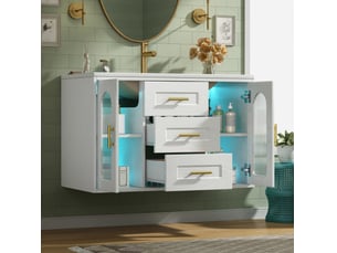 Meuble sous vasque mural 76x46x55 cm blanc effet bois avec vasque et led