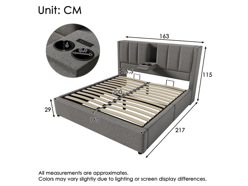  Lit coffre,160x200 cm,avec matelas et station de charge,lin,gris  - Conforama C