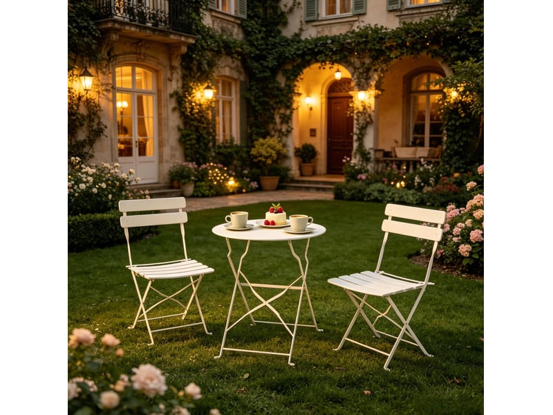 Salon de jardin pliant 2 places ø 58 cm – crème – table ronde avec 2 chaises en métal, sans montage - Conforama B