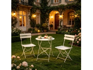 Salon de jardin pliant 2 places ø 58 cm – crème – table ronde avec 2 chaises en métal, sans montage