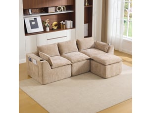 Canapé 3 places modulable en tissu chenille kaki avec pouf - mousse et ressorts - 256x161x75cm